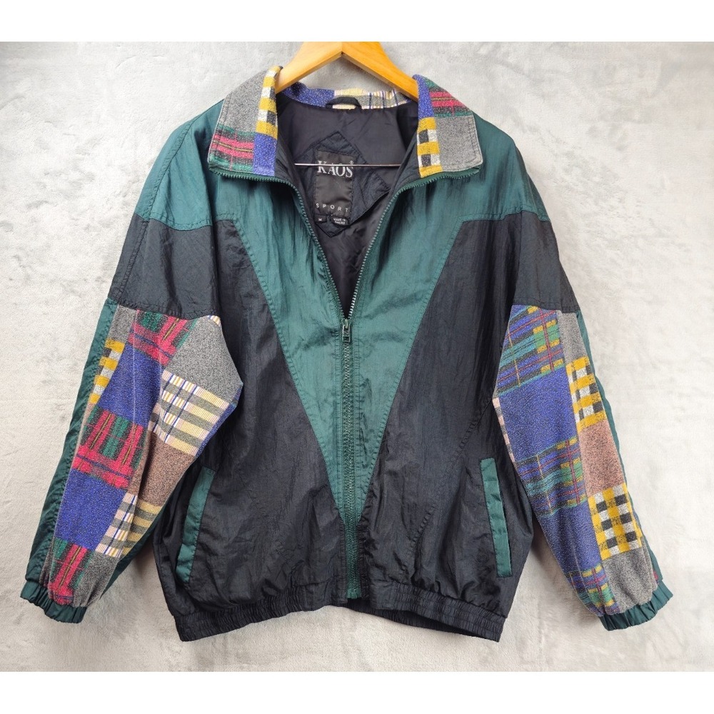 Vtg Kaos Sport Windbreaker Jacket Men Medium Black Green Patchwork Colorblock - Picture 1 of 6